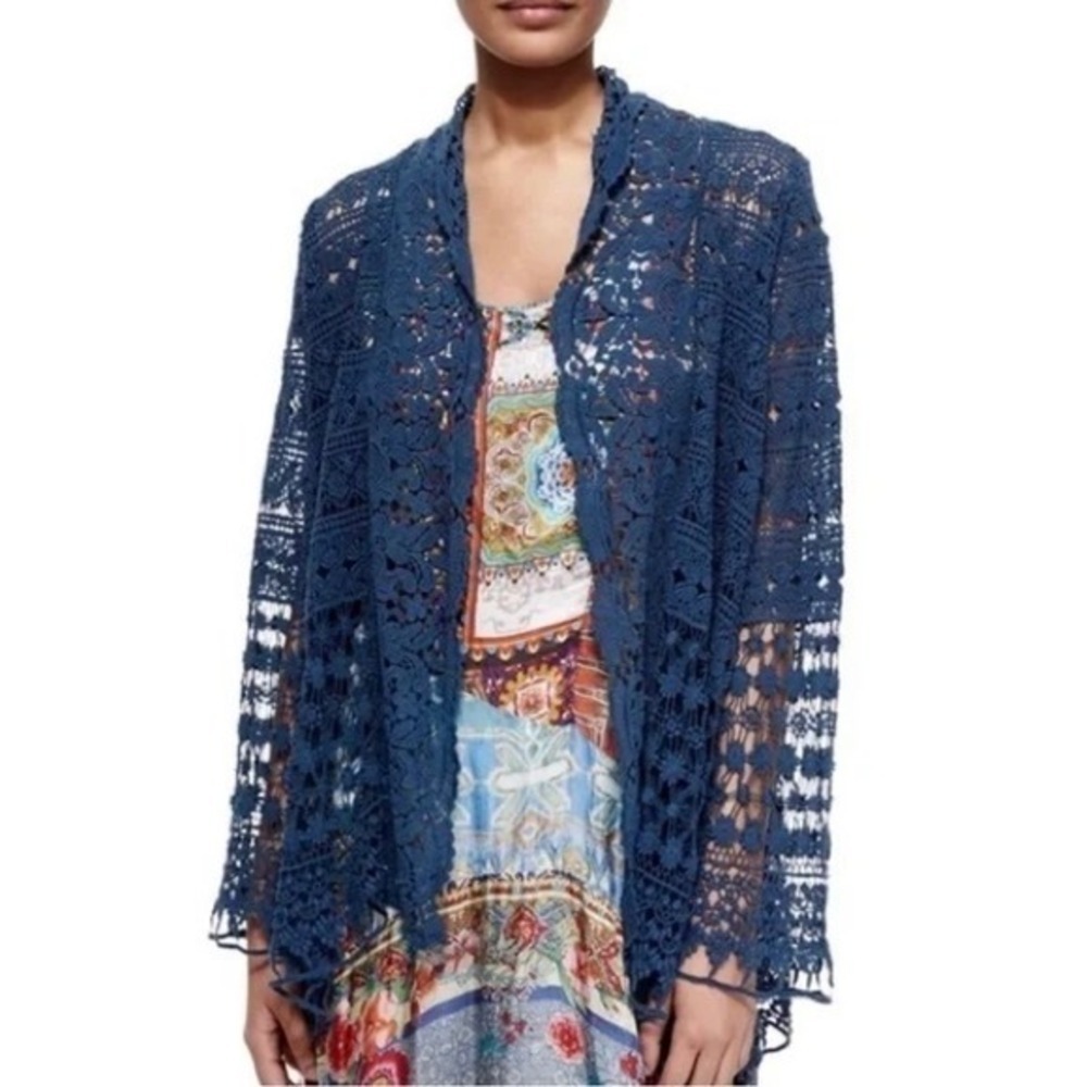 Johnny Was Floral Crochet Open Front Cotton Cardigan‎